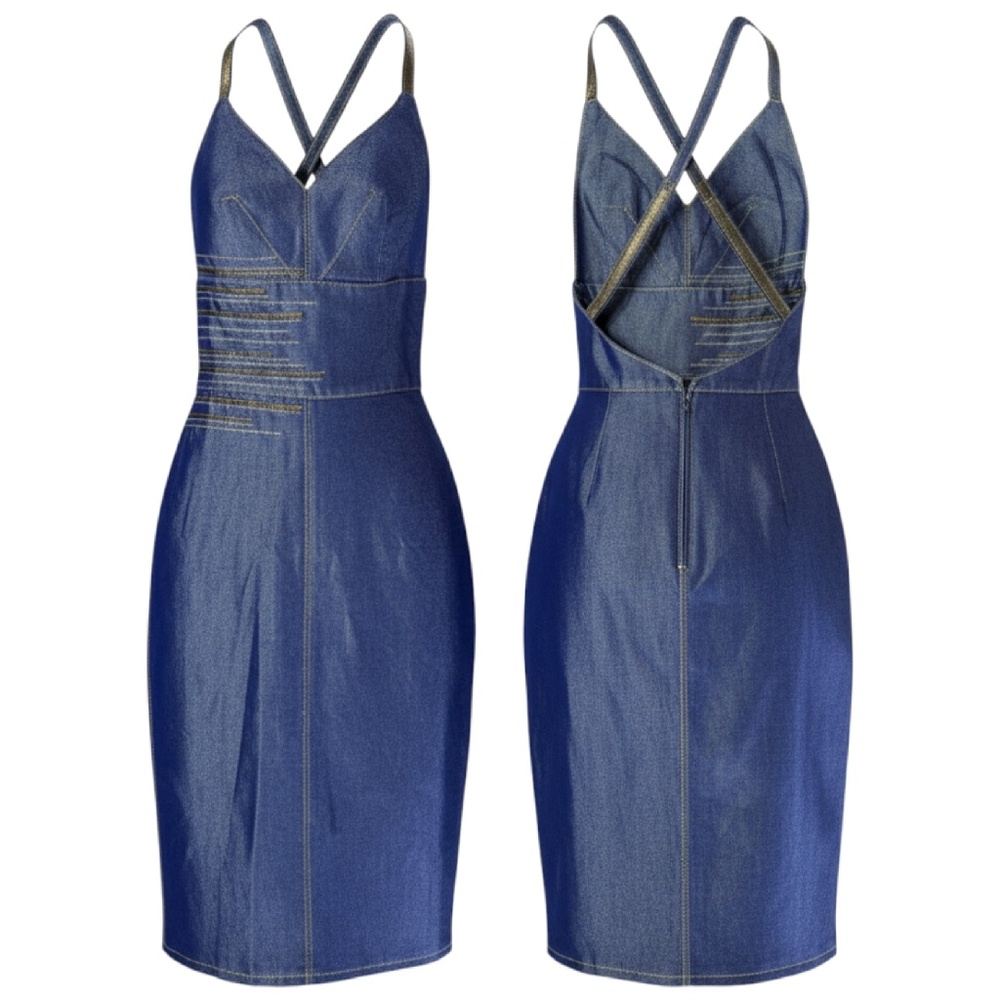 DELPHINE MURAT - VINTAGE - METALIZED DENIM DRESS - GOLD RIBBONS EMBRODERED - XS